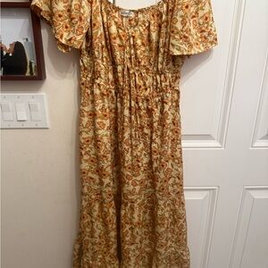 Blush XL Floral Ruffle Maxi Dress Beige Orange Scoop Neck Flutter Sleeve